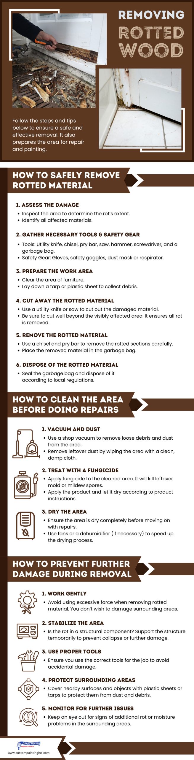Infographic on Removing rotted wood for homeowners in the Bay area including the cities of Pleasanton, Livermore, Dublin, San Ramon, Fremont, Sunol, and Tracy
